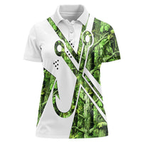 Custom Fishing Hook Women Polo Shirt with Green Jungle Leaf Pattern and White Split Design - Wonder Print Shop
