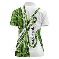 Custom Fishing Hook Women Polo Shirt with Green Jungle Leaf Pattern and White Split Design - Wonder Print Shop