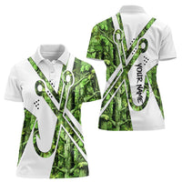 Custom Fishing Hook Women Polo Shirt with Green Jungle Leaf Pattern and White Split Design - Wonder Print Shop