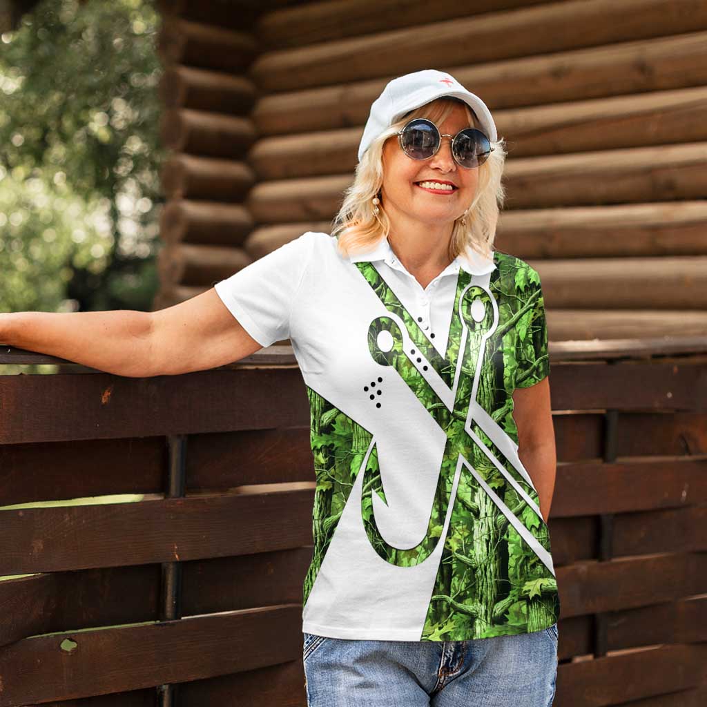 Custom Fishing Hook Women Polo Shirt with Green Jungle Leaf Pattern and White Split Design - Wonder Print Shop