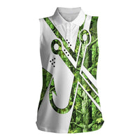Custom Fishing Hook Women Sleeveless Polo Shirt with Green Jungle Leaf Pattern and White Split Design - Wonder Print Shop