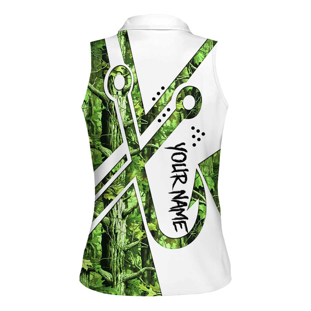 Custom Fishing Hook Women Sleeveless Polo Shirt with Green Jungle Leaf Pattern and White Split Design - Wonder Print Shop