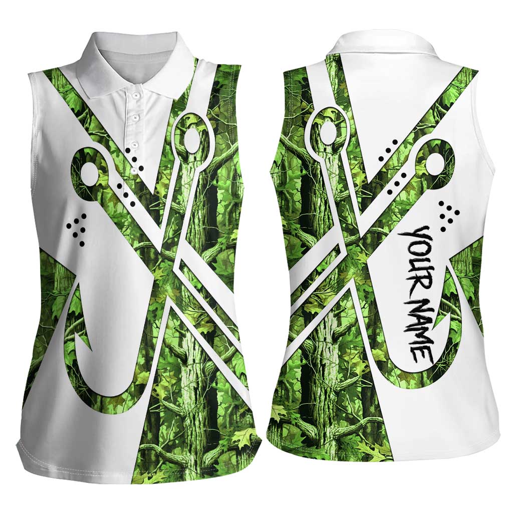 Custom Fishing Hook Women Sleeveless Polo Shirt with Green Jungle Leaf Pattern and White Split Design - Wonder Print Shop