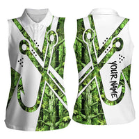 Custom Fishing Hook Women Sleeveless Polo Shirt with Green Jungle Leaf Pattern and White Split Design - Wonder Print Shop