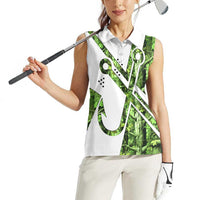 Custom Fishing Hook Women Sleeveless Polo Shirt with Green Jungle Leaf Pattern and White Split Design - Wonder Print Shop