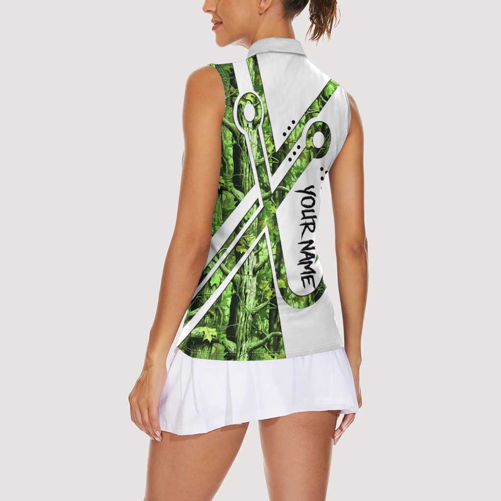 Custom Fishing Hook Women Sleeveless Polo Shirt with Green Jungle Leaf Pattern and White Split Design - Wonder Print Shop
