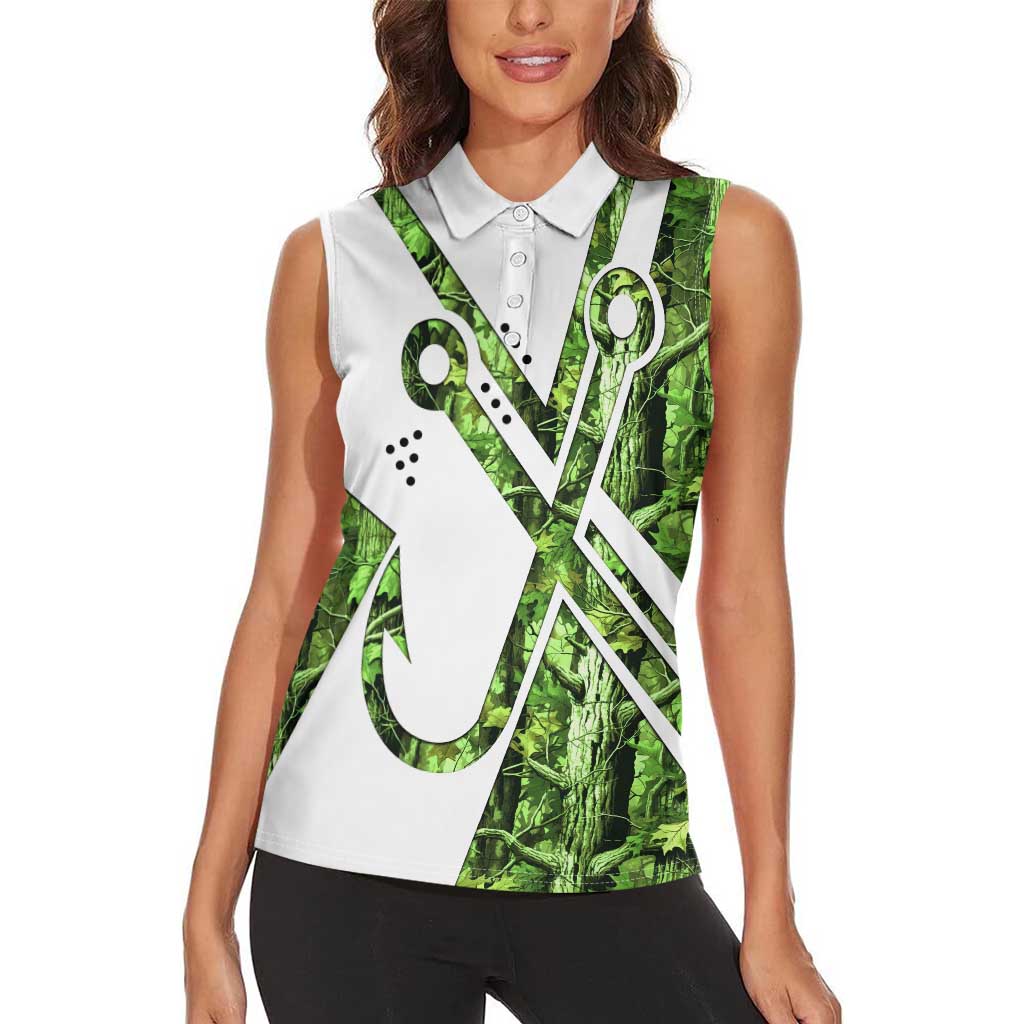 Custom Fishing Hook Women Sleeveless Polo Shirt with Green Jungle Leaf Pattern and White Split Design - Wonder Print Shop