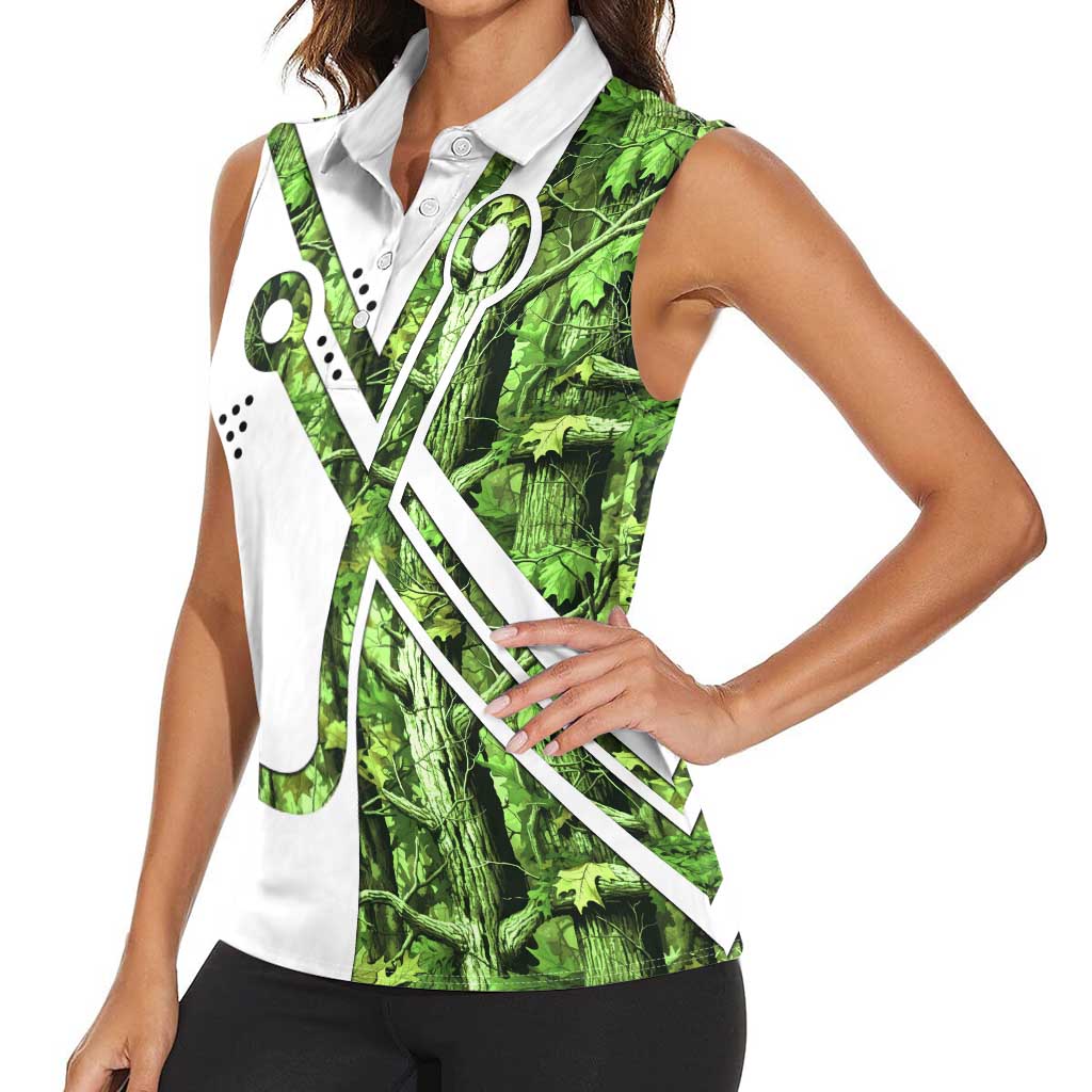 Custom Fishing Hook Women Sleeveless Polo Shirt with Green Jungle Leaf Pattern and White Split Design - Wonder Print Shop