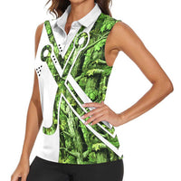 Custom Fishing Hook Women Sleeveless Polo Shirt with Green Jungle Leaf Pattern and White Split Design - Wonder Print Shop
