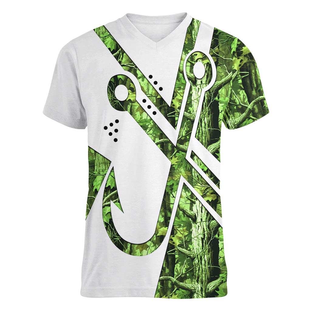 Custom Fishing Hook Women V-Neck T-Shirt with Green Jungle Leaf Pattern and White Split Design - Wonder Print Shop