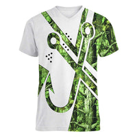 Custom Fishing Hook Women V-Neck T-Shirt with Green Jungle Leaf Pattern and White Split Design - Wonder Print Shop