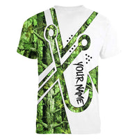 Custom Fishing Hook Women V-Neck T-Shirt with Green Jungle Leaf Pattern and White Split Design - Wonder Print Shop