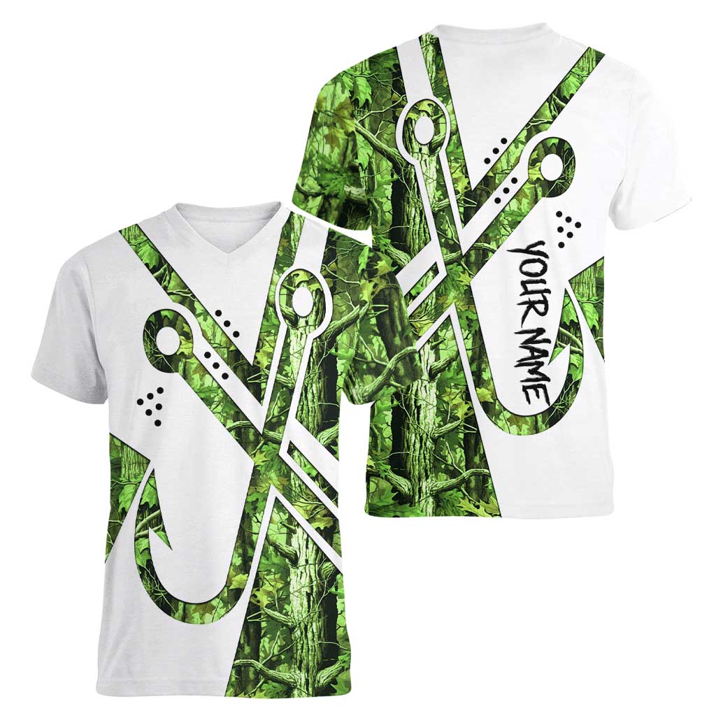 Custom Fishing Hook Women V-Neck T-Shirt with Green Jungle Leaf Pattern and White Split Design - Wonder Print Shop