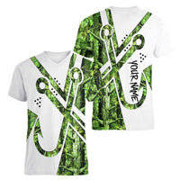 Custom Fishing Hook Women V-Neck T-Shirt with Green Jungle Leaf Pattern and White Split Design - Wonder Print Shop