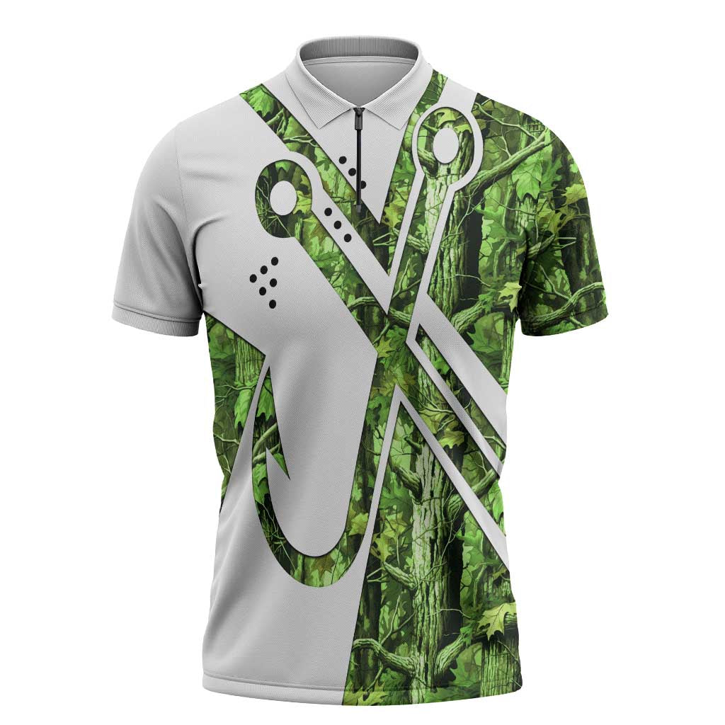Custom Fishing Hook Zipper Polo Shirt with Green Jungle Leaf Pattern and White Split Design - Wonder Print Shop