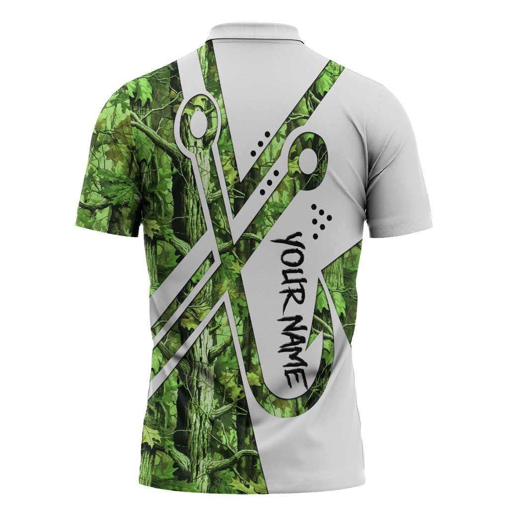 Custom Fishing Hook Zipper Polo Shirt with Green Jungle Leaf Pattern and White Split Design - Wonder Print Shop
