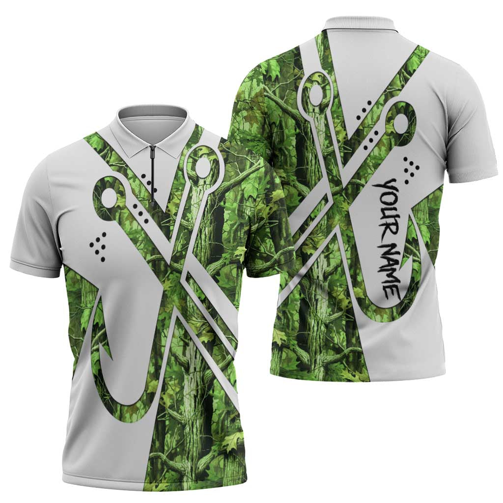 Custom Fishing Hook Zipper Polo Shirt with Green Jungle Leaf Pattern and White Split Design - Wonder Print Shop