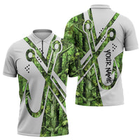 Custom Fishing Hook Zipper Polo Shirt with Green Jungle Leaf Pattern and White Split Design - Wonder Print Shop