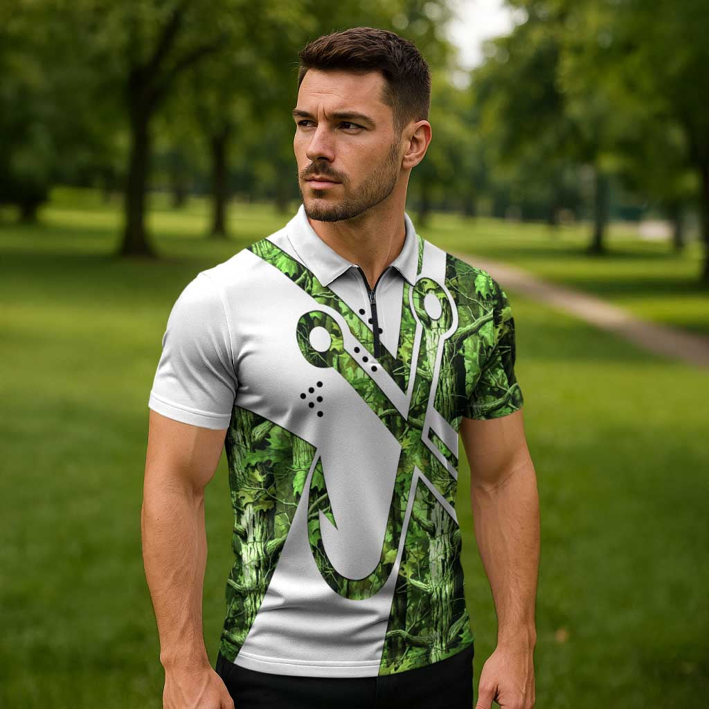 Custom Fishing Hook Zipper Polo Shirt with Green Jungle Leaf Pattern and White Split Design - Wonder Print Shop