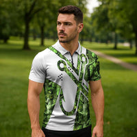 Custom Fishing Hook Zipper Polo Shirt with Green Jungle Leaf Pattern and White Split Design - Wonder Print Shop