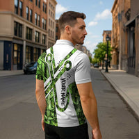Custom Fishing Hook Zipper Polo Shirt with Green Jungle Leaf Pattern and White Split Design - Wonder Print Shop