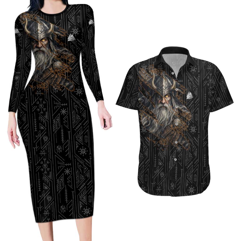 Vikings Odin Couples Matching Long Sleeve Bodycon Dress and Hawaiian Shirt with Viking Runes and Ravens Norse Mythology - Wonder Print Shop