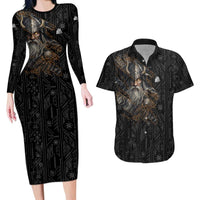 Vikings Odin Couples Matching Long Sleeve Bodycon Dress and Hawaiian Shirt with Viking Runes and Ravens Norse Mythology - Wonder Print Shop