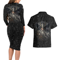 Vikings Odin Couples Matching Long Sleeve Bodycon Dress and Hawaiian Shirt with Viking Runes and Ravens Norse Mythology - Wonder Print Shop