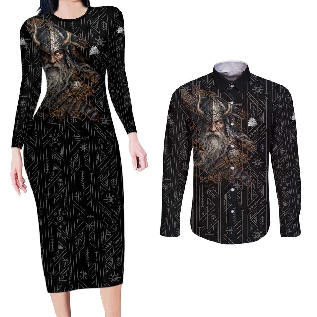 Vikings Odin Couples Matching Long Sleeve Bodycon Dress and Long Sleeve Button Shirt with Viking Runes and Ravens Norse Mythology - Wonder Print Shop
