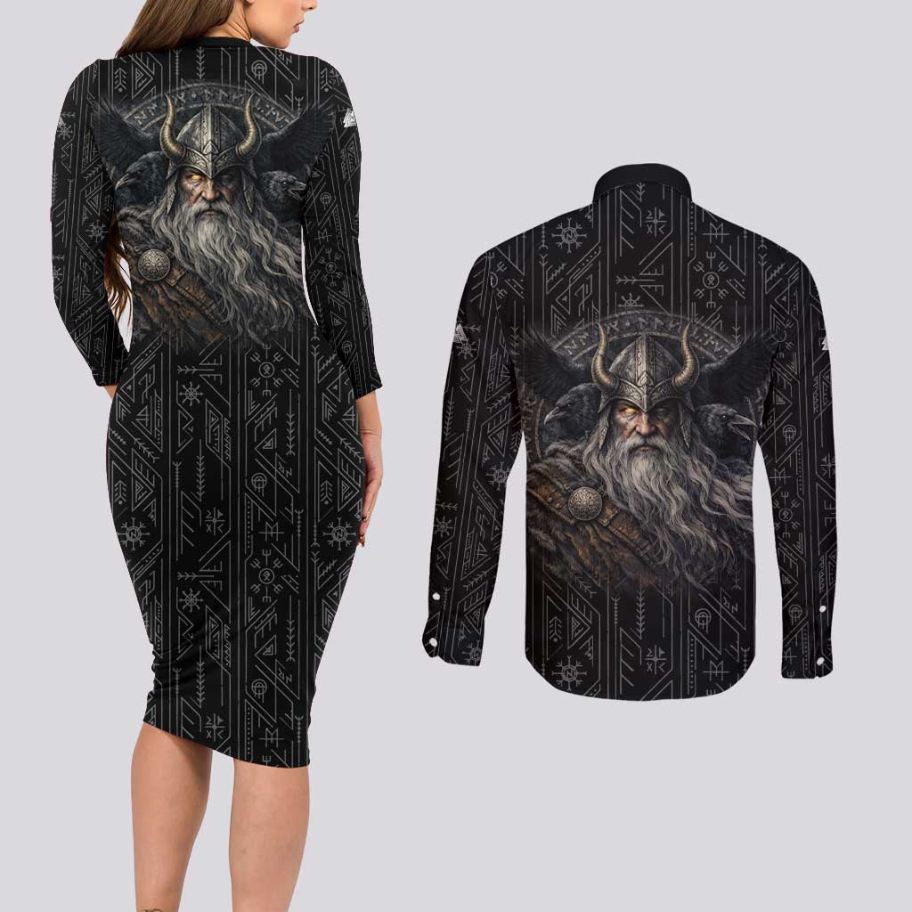 Vikings Odin Couples Matching Long Sleeve Bodycon Dress and Long Sleeve Button Shirt with Viking Runes and Ravens Norse Mythology - Wonder Print Shop