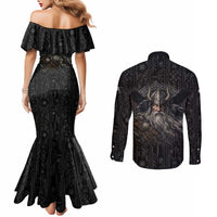Vikings Odin Couples Matching Mermaid Dress and Long Sleeve Button Shirt with Viking Runes and Ravens Norse Mythology - Wonder Print Shop