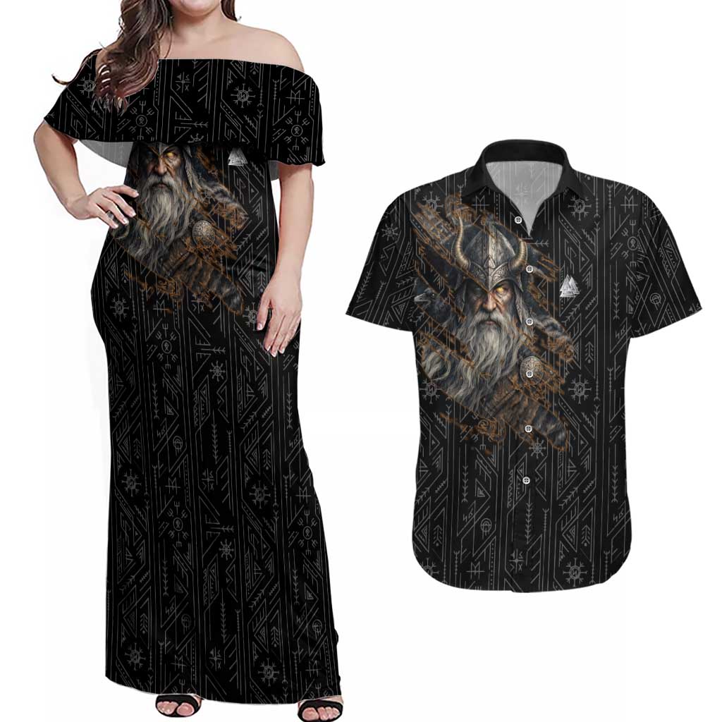 Vikings Odin Couples Matching Off Shoulder Maxi Dress and Hawaiian Shirt with Viking Runes and Ravens Norse Mythology - Wonder Print Shop