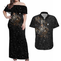 Vikings Odin Couples Matching Off Shoulder Maxi Dress and Hawaiian Shirt with Viking Runes and Ravens Norse Mythology - Wonder Print Shop