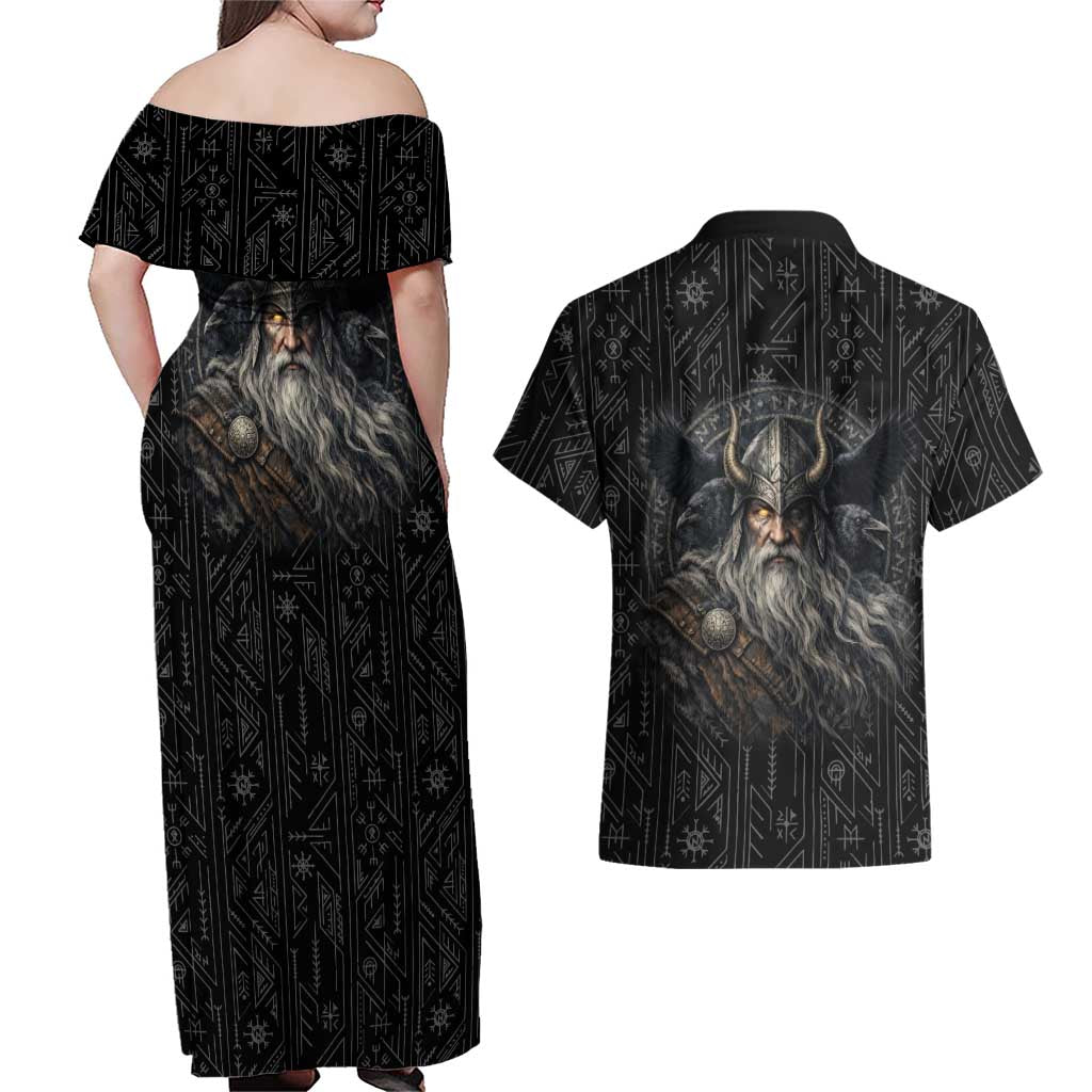 Vikings Odin Couples Matching Off Shoulder Maxi Dress and Hawaiian Shirt with Viking Runes and Ravens Norse Mythology - Wonder Print Shop