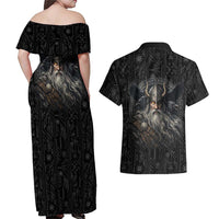 Vikings Odin Couples Matching Off Shoulder Maxi Dress and Hawaiian Shirt with Viking Runes and Ravens Norse Mythology - Wonder Print Shop