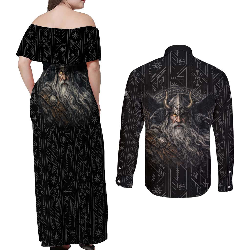 Vikings Odin Couples Matching Off Shoulder Maxi Dress and Long Sleeve Button Shirt with Viking Runes and Ravens Norse Mythology - Wonder Print Shop