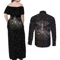 Vikings Odin Couples Matching Off Shoulder Maxi Dress and Long Sleeve Button Shirt with Viking Runes and Ravens Norse Mythology - Wonder Print Shop