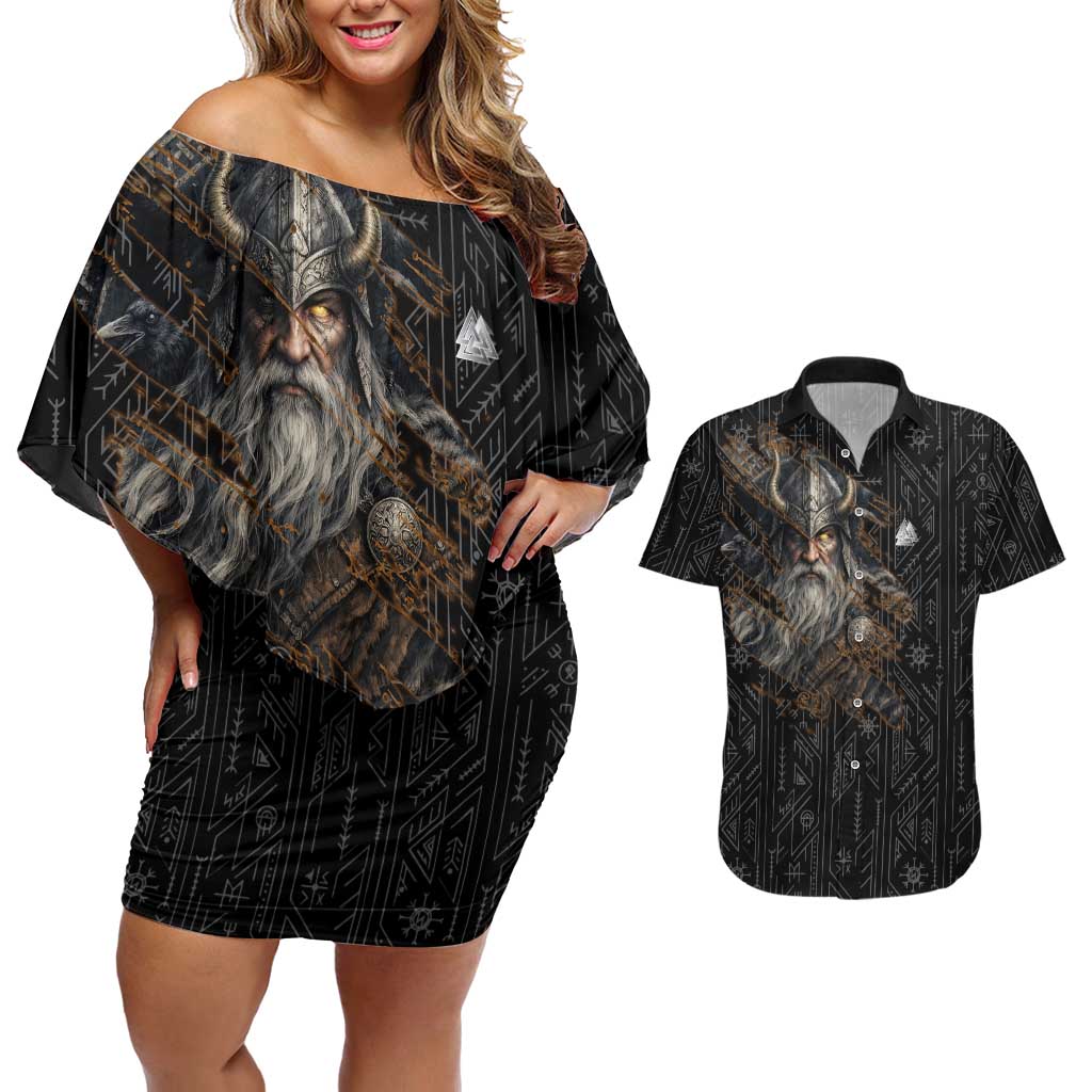 Vikings Odin Couples Matching Off Shoulder Short Dress and Hawaiian Shirt with Viking Runes and Ravens Norse Mythology - Wonder Print Shop