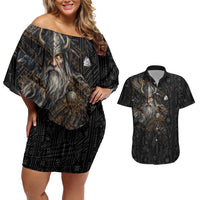 Vikings Odin Couples Matching Off Shoulder Short Dress and Hawaiian Shirt with Viking Runes and Ravens Norse Mythology - Wonder Print Shop