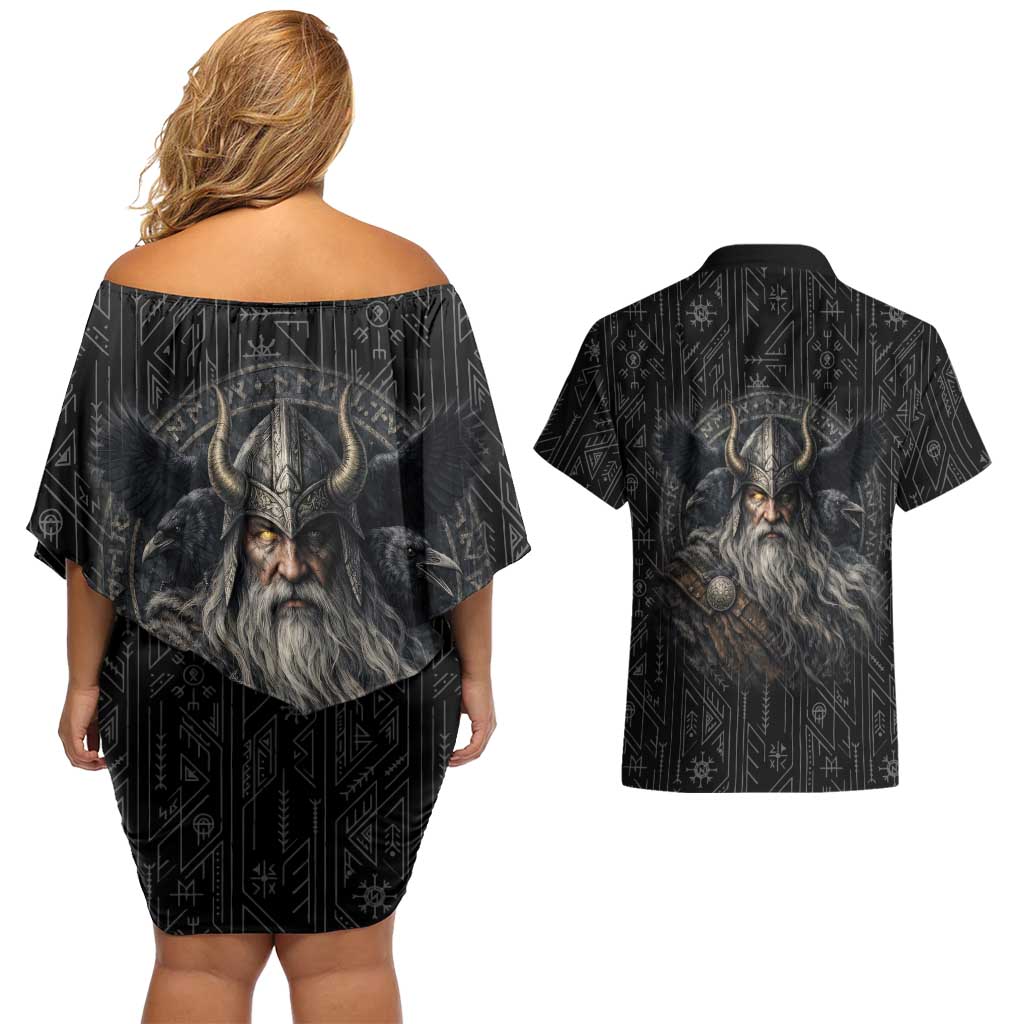 Vikings Odin Couples Matching Off Shoulder Short Dress and Hawaiian Shirt with Viking Runes and Ravens Norse Mythology - Wonder Print Shop