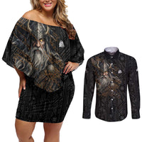 Vikings Odin Couples Matching Off Shoulder Short Dress and Long Sleeve Button Shirt with Viking Runes and Ravens Norse Mythology - Wonder Print Shop