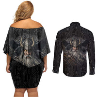 Vikings Odin Couples Matching Off Shoulder Short Dress and Long Sleeve Button Shirt with Viking Runes and Ravens Norse Mythology - Wonder Print Shop
