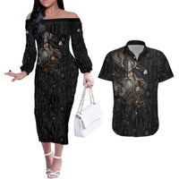 Vikings Odin Couples Matching Off The Shoulder Long Sleeve Dress and Hawaiian Shirt with Viking Runes and Ravens Norse Mythology - Wonder Print Shop
