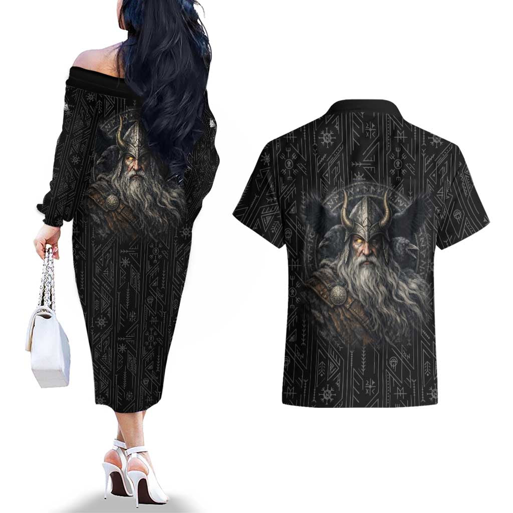 Vikings Odin Couples Matching Off The Shoulder Long Sleeve Dress and Hawaiian Shirt with Viking Runes and Ravens Norse Mythology - Wonder Print Shop