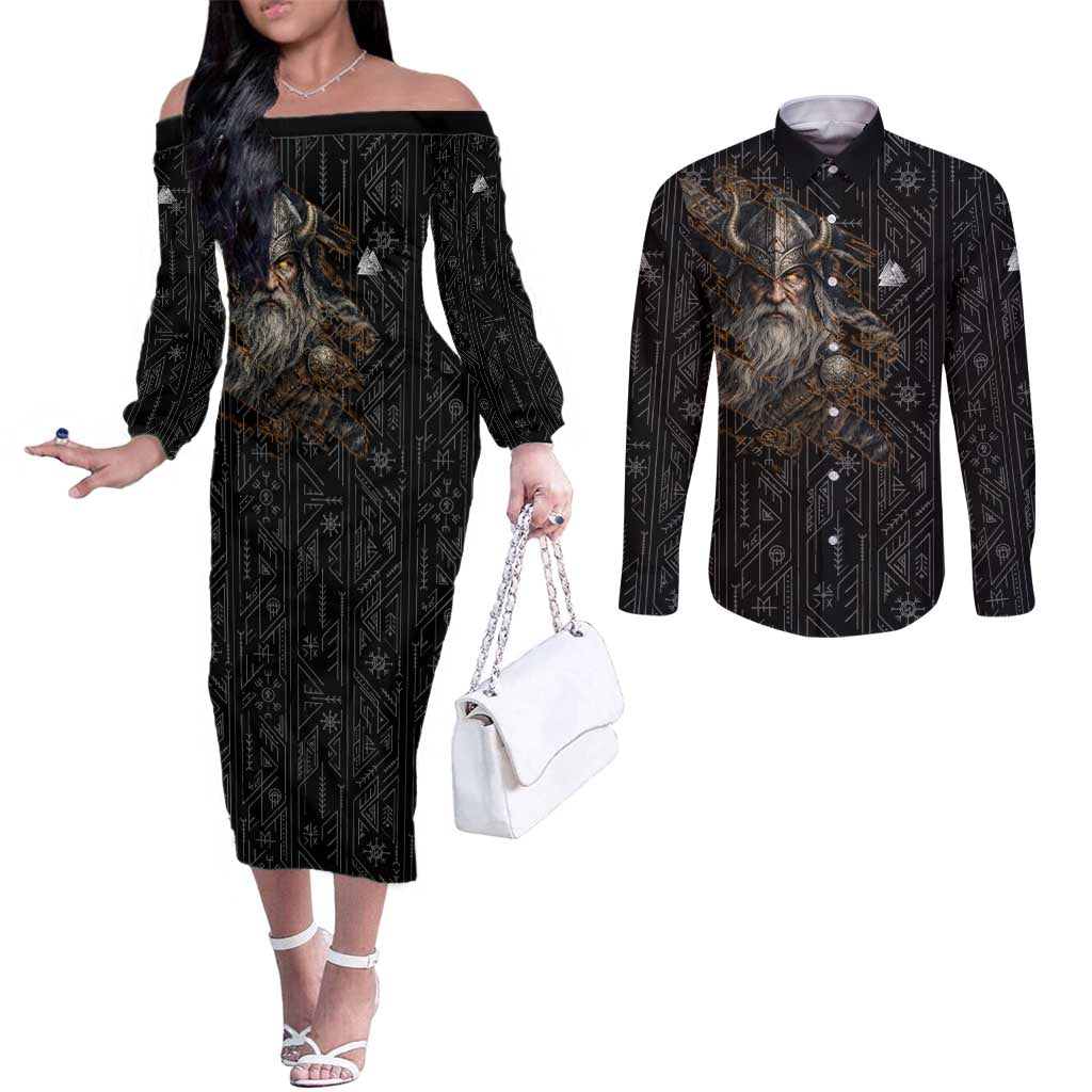 Vikings Odin Couples Matching Off The Shoulder Long Sleeve Dress and Long Sleeve Button Shirt with Viking Runes and Ravens Norse Mythology - Wonder Print Shop