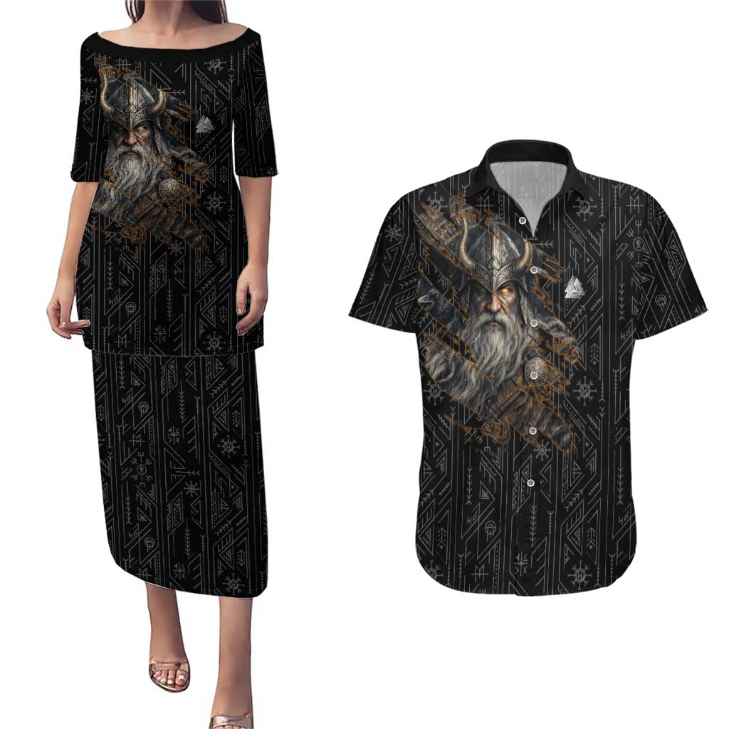 Vikings Odin Couples Matching Puletasi and Hawaiian Shirt with Viking Runes and Ravens Norse Mythology - Wonder Print Shop