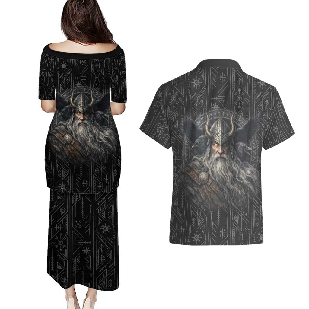 Vikings Odin Couples Matching Puletasi and Hawaiian Shirt with Viking Runes and Ravens Norse Mythology - Wonder Print Shop