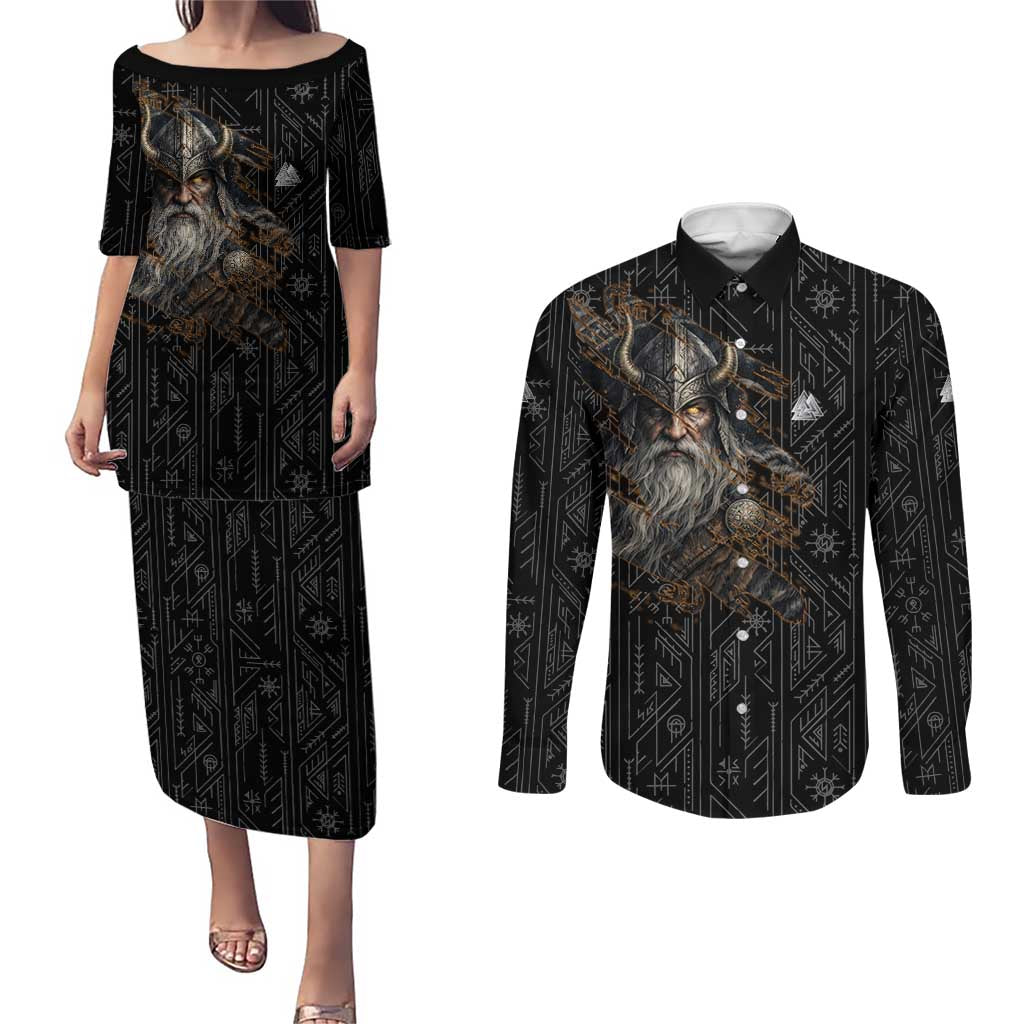 Vikings Odin Couples Matching Puletasi and Long Sleeve Button Shirt with Viking Runes and Ravens Norse Mythology - Wonder Print Shop