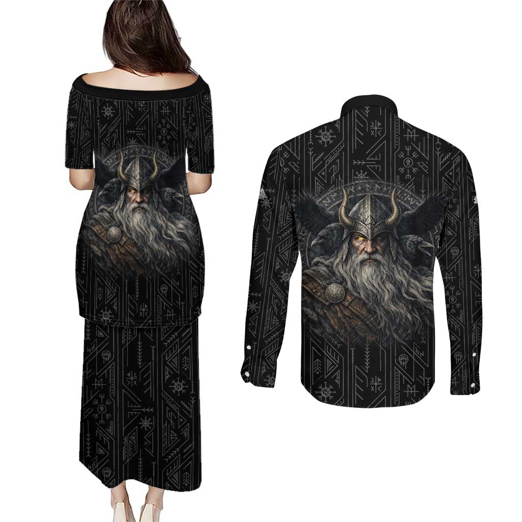 Vikings Odin Couples Matching Puletasi and Long Sleeve Button Shirt with Viking Runes and Ravens Norse Mythology - Wonder Print Shop