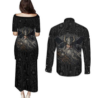 Vikings Odin Couples Matching Puletasi and Long Sleeve Button Shirt with Viking Runes and Ravens Norse Mythology - Wonder Print Shop